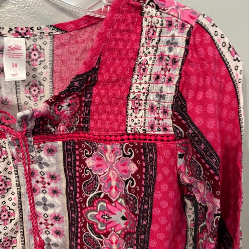 Justice Pink Paisley Colorblock Tassel Boho Peasant Top Blouse (Girls 14)‎